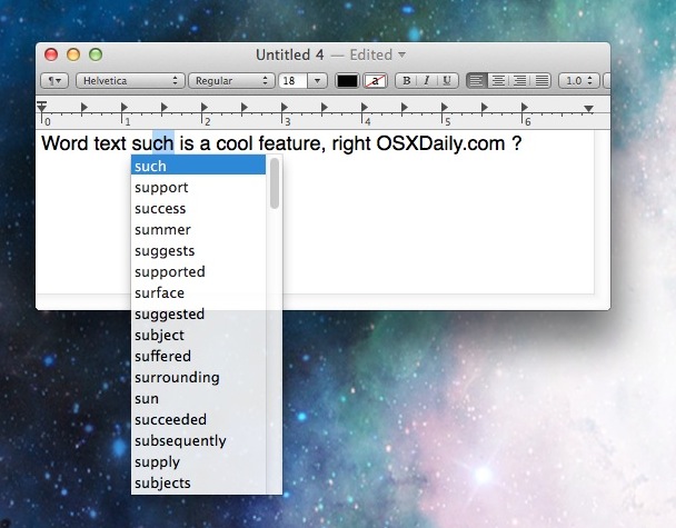 Word Text Suggestion in Mac OS X