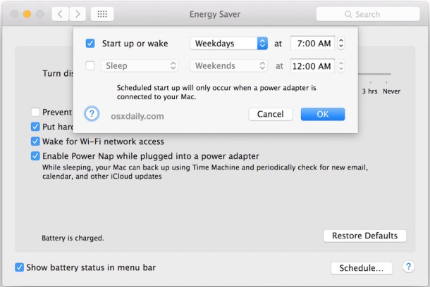Wake and startup a Mac on a schedule with OS X 