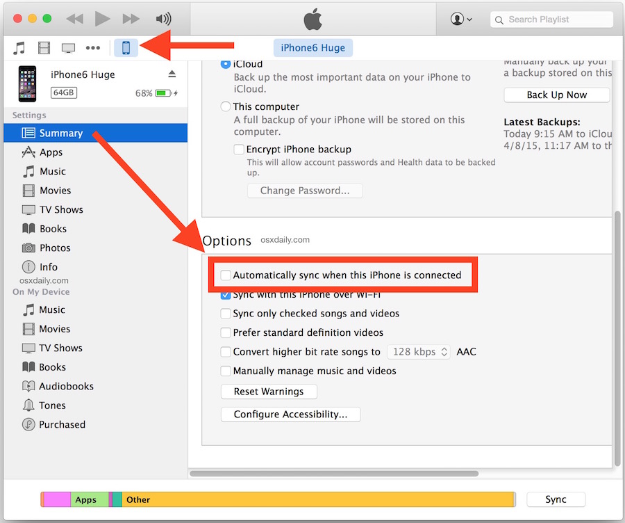 itunes change backup and sync settings