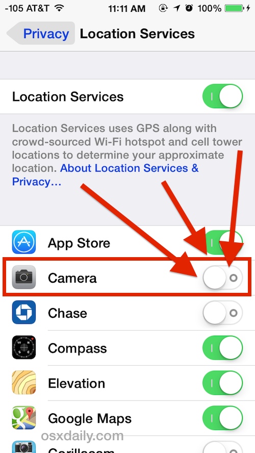 Отключить отметку местоположения GPS на фотографиях с камеры iPhone