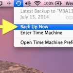 Start a back up with Time Machine from the menu bar in Mac OS X