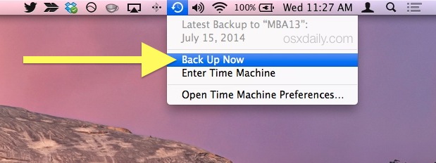 Start a back up with Time Machine from the menu bar in Mac OS X