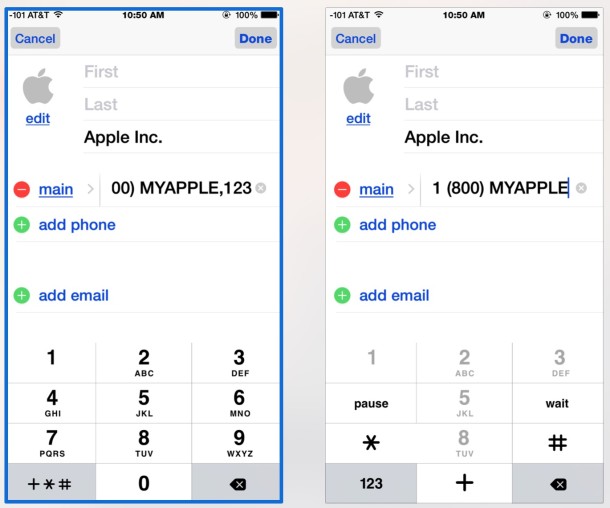 Add auto dialing extension to a contact number on iPhone