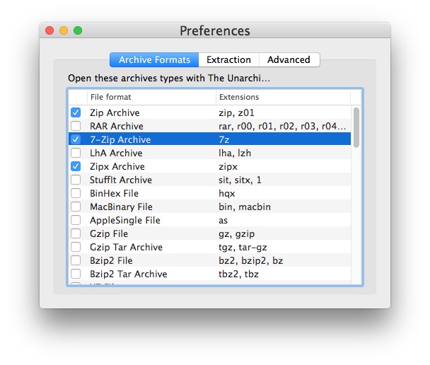 The Unarchiver file association in Mac OS for opening .7z files