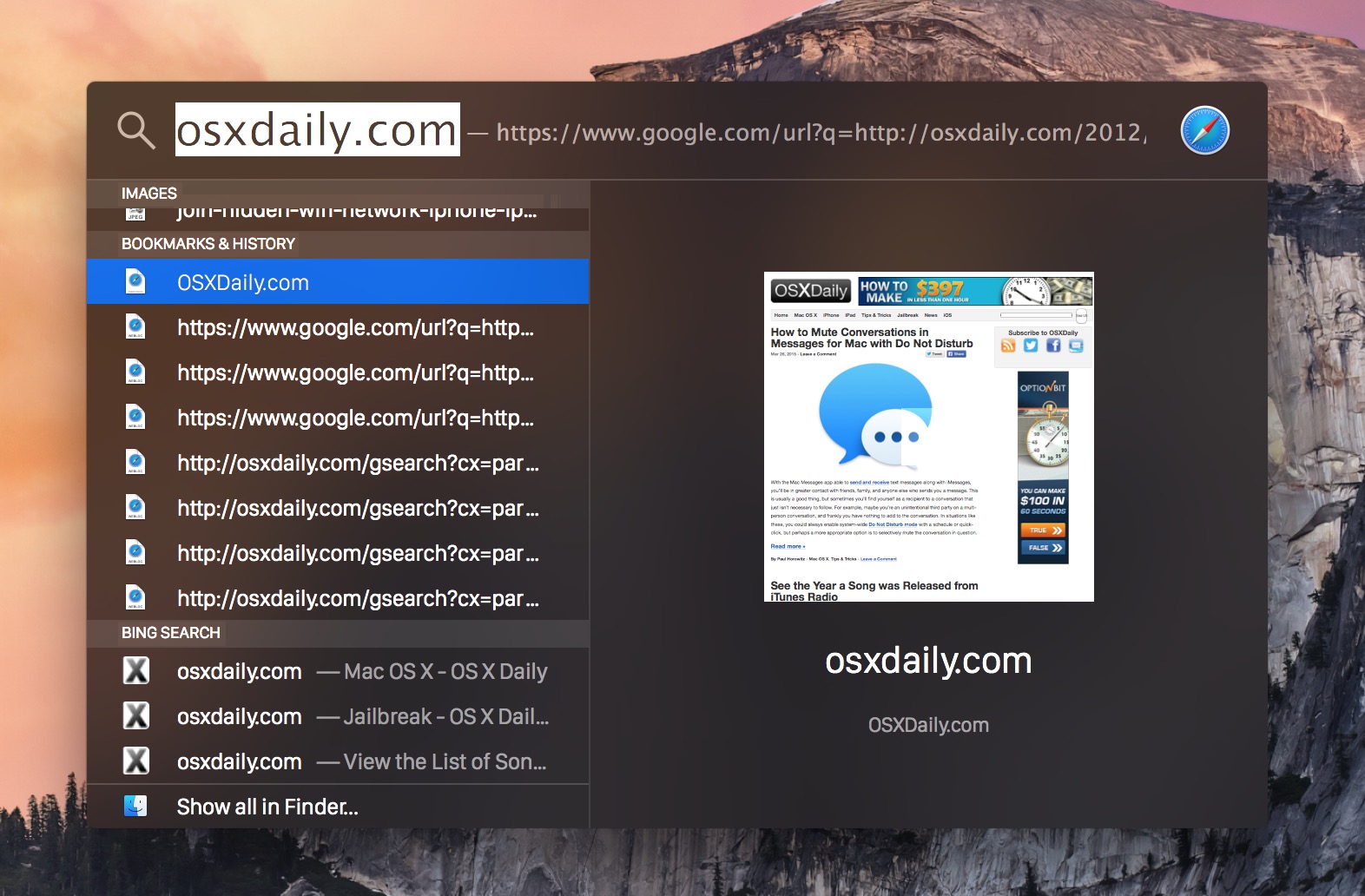 Live Preview of a Website in Spotlight for Mac OS X