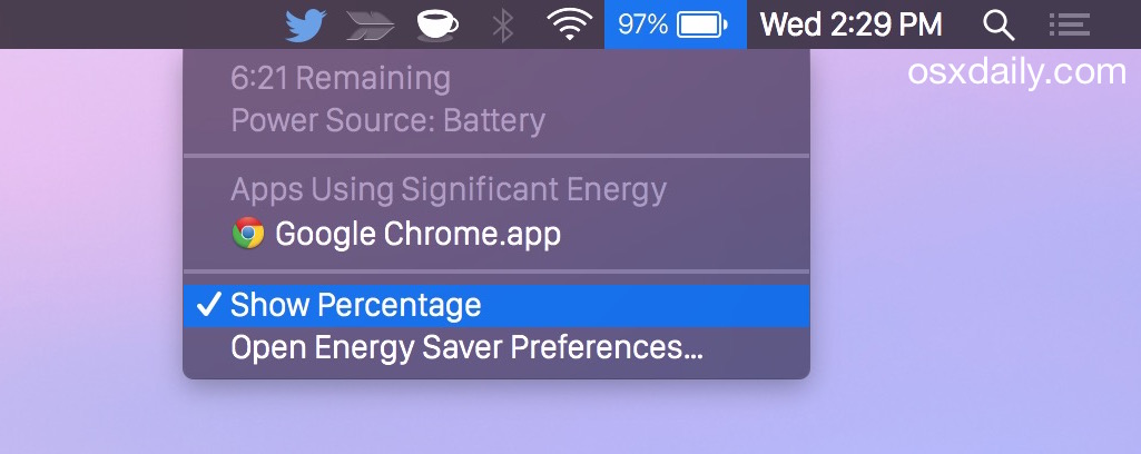 Показать оставшийся процент заряда батареи в Mac OS X