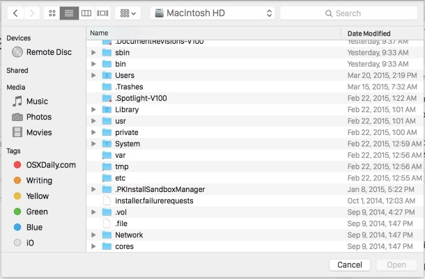 Show hidden files at Open and Save dialog windows of Mac OS X