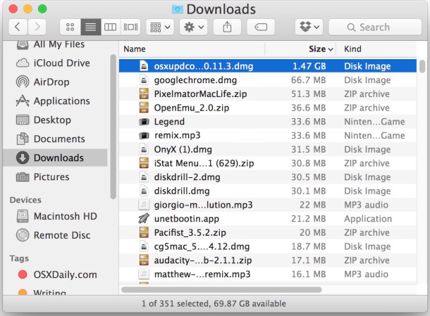 The downloads folder in Mac OS X can be sorted by file size