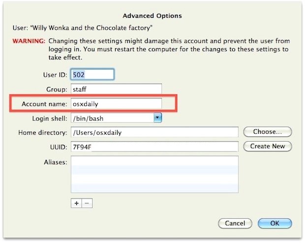 Change the user account short name in Mac OS X