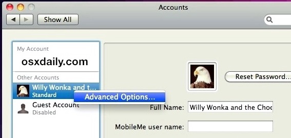 Изменить короткое имя пользователя в Mac OS X