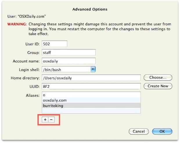 Create a user name alias in Mac OS X