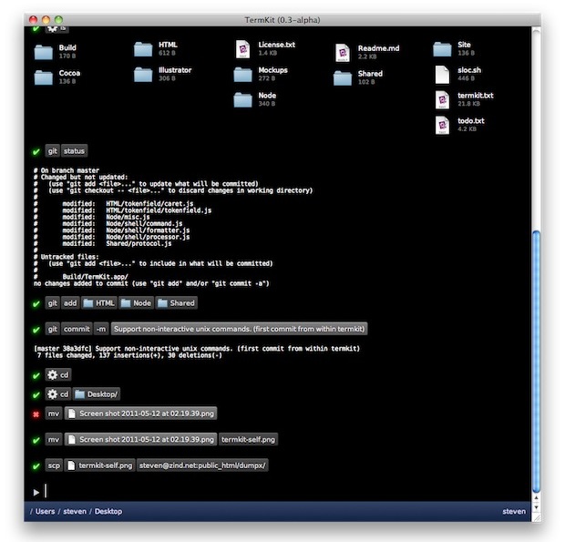 TermKit screenshot showing git mv ls and more