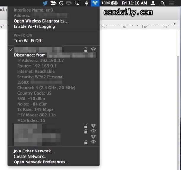 Option-click Wi-Fi menu extended details in Mac OS X