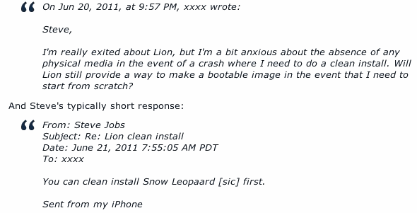 Steve Jobs quote about Snow Leopard and Lion clean install