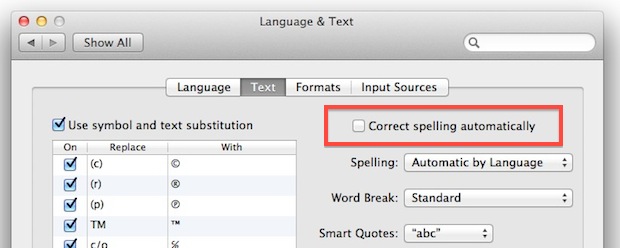 Turn off Auto Correct in Mac OS X Lion