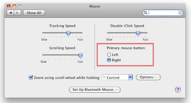 Left hand mouse setup for Mac OS X