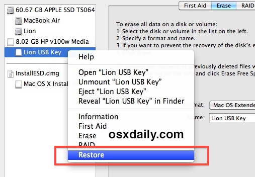 Restore Lion installer DMG to USB drive