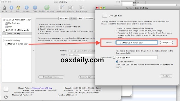 Select the OS X Lion installer as source