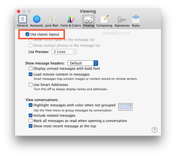 Use the classic Mail layout in Mac OS X Mail app