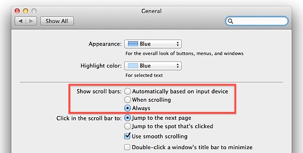How to Show Scroll Bars in Mac OS X