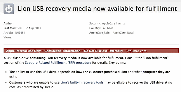 Lion USB Install Media from AppleCare Now Available