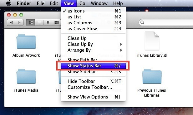 Show available disk space and status bar in Mac OS X
