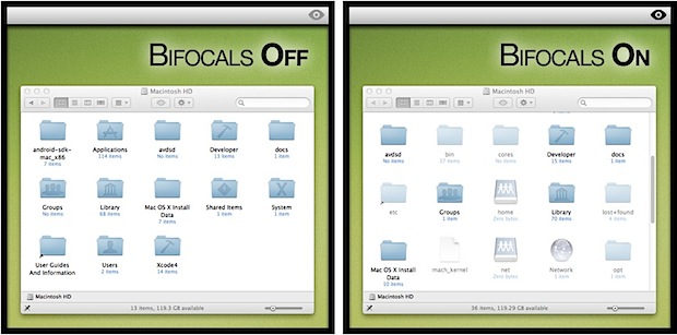 Show Invisible Files quickly with Bifocals for Mac OS X