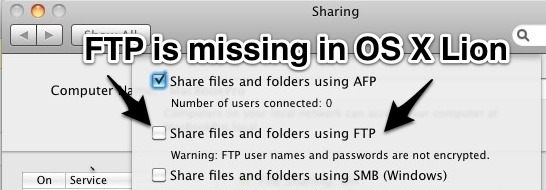 FTP Server missing in OS X Lion, but you can enable it anyway