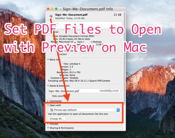 Настройте PDF-файлы для открытия с помощью приложения предварительного просмотра в Mac OS X