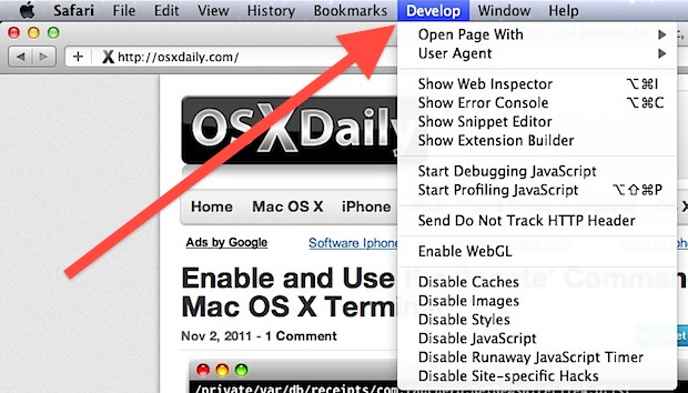 Меню разработчика Safari, показанное в Mac OS X, со многими функциями, ориентированными на разработчиков, доступными для браузера.