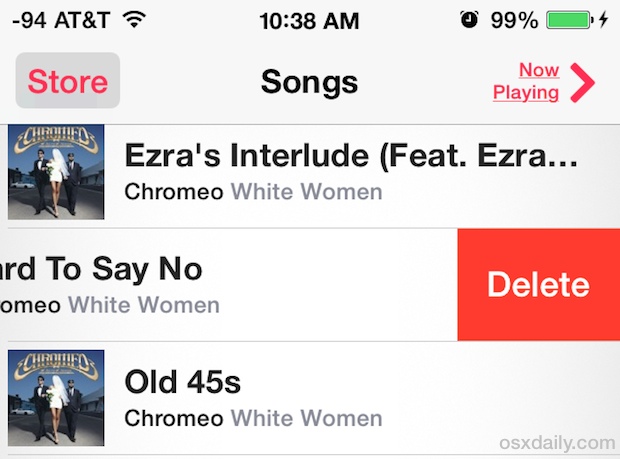 Swipe to delete songs in iOS Music app