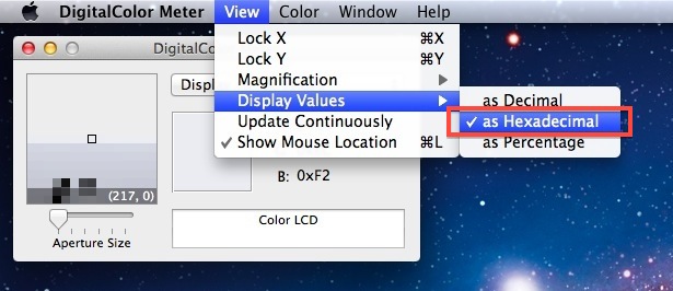 Get Hexadecimal Values in Digital Color Meter for Mac OS X