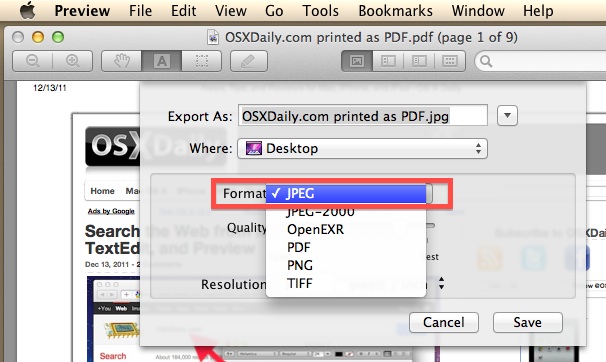 Convert a PDF to JPG with Preview in Mac OS X