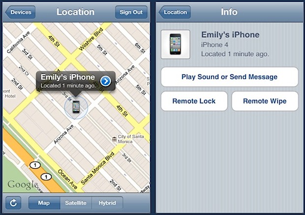 Find My iPhone map and options