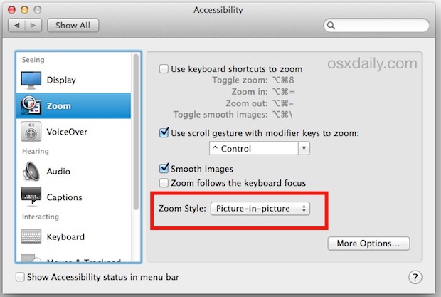 Enable Picture in Picture zoom window in Mac OS X