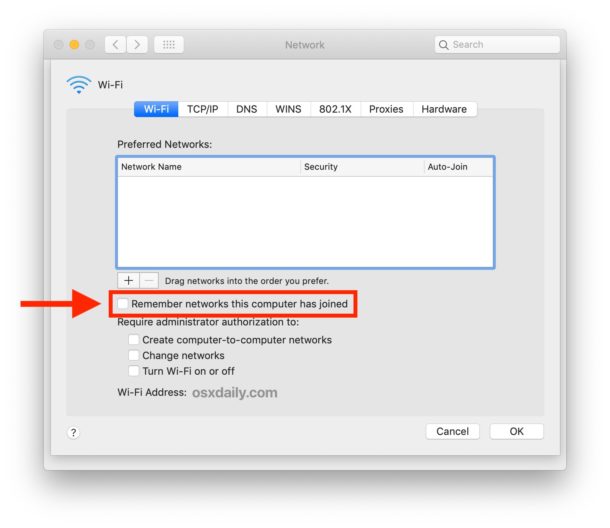 Setting to adjust Mac remembering wi-fi networks or not