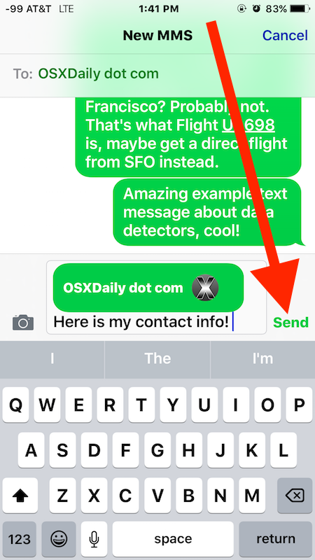 Пример отправки контактной информации VCF с iPhone