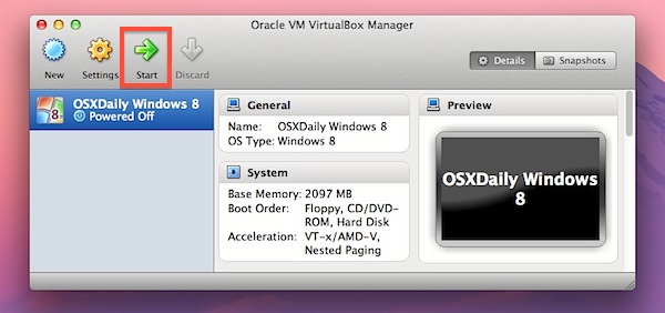 Start the VirtualBox VM with Windows 8