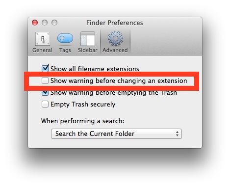 Stop the File Extension Change Warning in OS X Finder