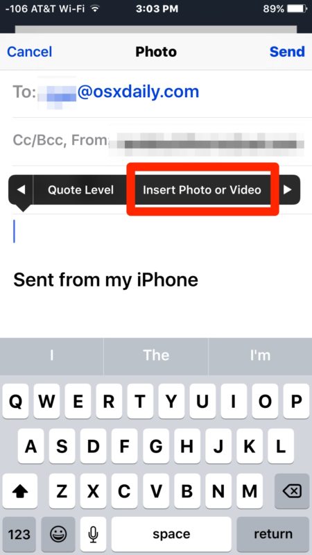 Choose the "Insert Photo" button to attach picture to email in iOS Mail