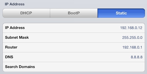 Setting manual DHCP information and static IP address in iOS