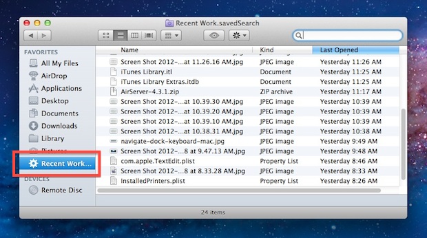 Smart Folder containing recently used files