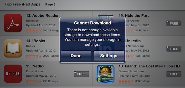 Cannot Download iOS app message, no storage space available