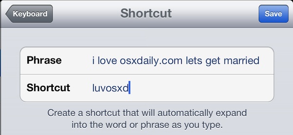 iOS typing shortcuts for common phrases
