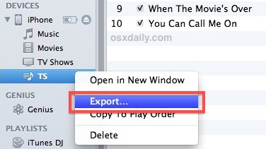 Export a playlist from an iPod or iPhone to copy to iTunes