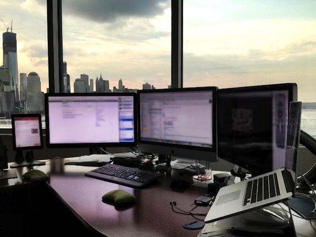 Mac setup with a view of NYC