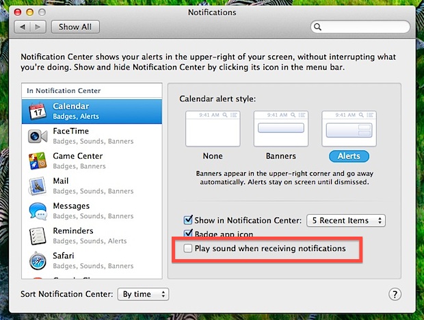 Mute Notification Center alert sounds in Mac OS X