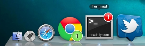 A notification badge alert is sent to the Terminal icon in the OS X Dock