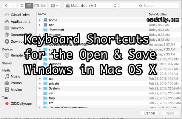 Keyboard shortcuts for the Open and Save windows of Mac OS X