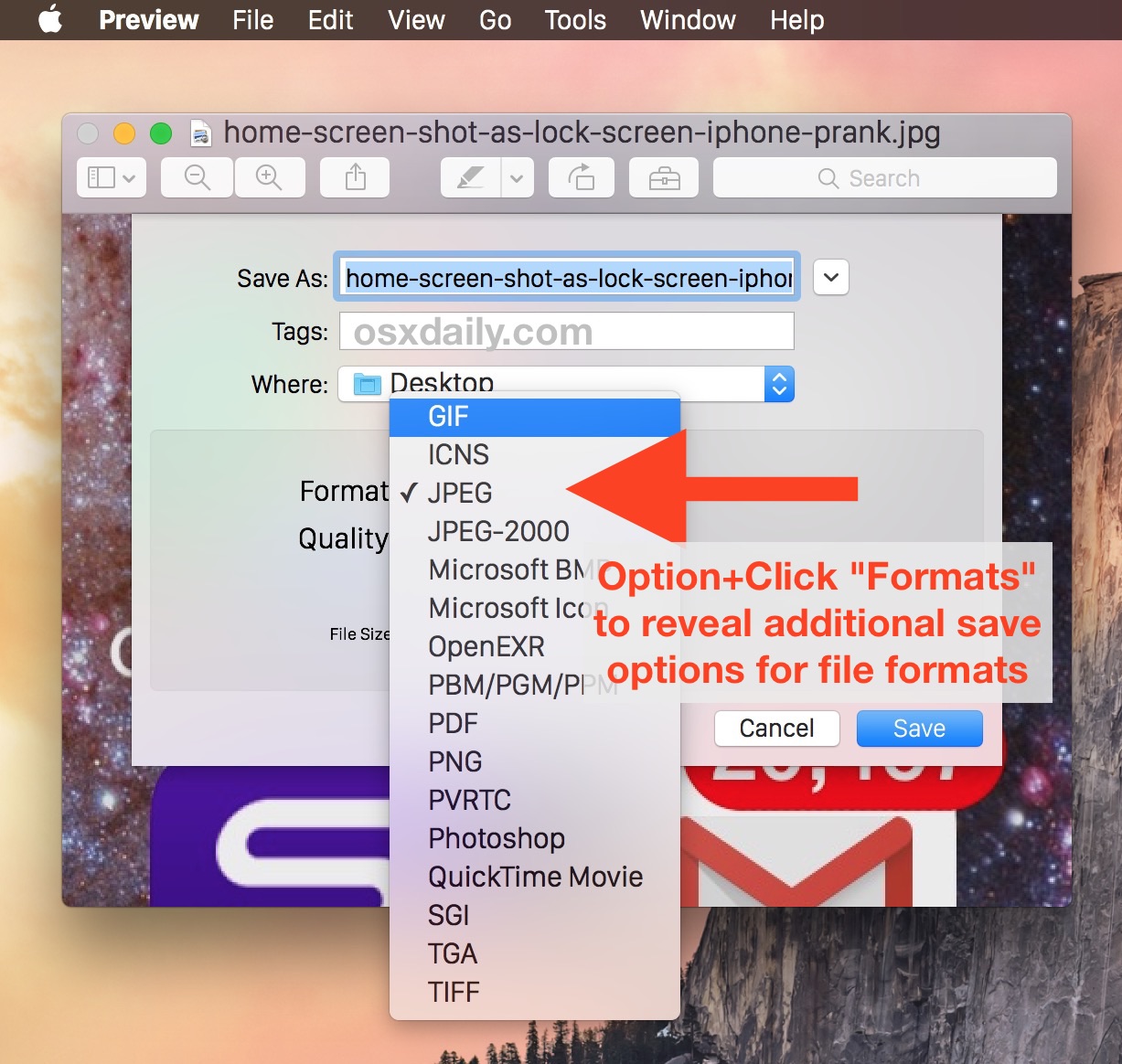 Access Alternate Image Format Export Options in Mac OS X Preview app